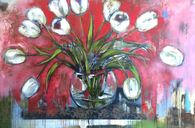 Bowl of white tulips with red background, artist Heather Haynes