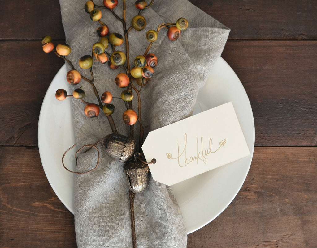 Seeds and acorns wrapped around napkin with the word thank you.